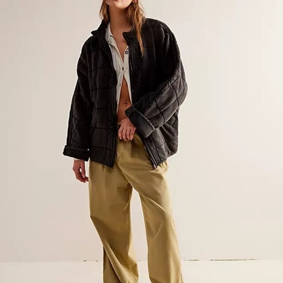 Free People Dolman Quilted Knit Jacket Top Oversized Washed Black XS